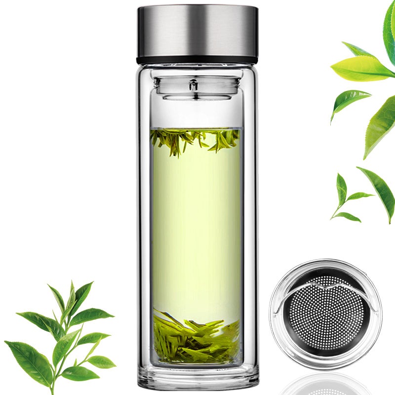 PARACITY Glass Tea Infuser Bottle Tea Flood Cup 12oz/350ml, Double Wall Borosilicate Portable Travel Tumbler Mug Leakproof for Loose Leaf Flower Herbal Tea Bags - Image 1